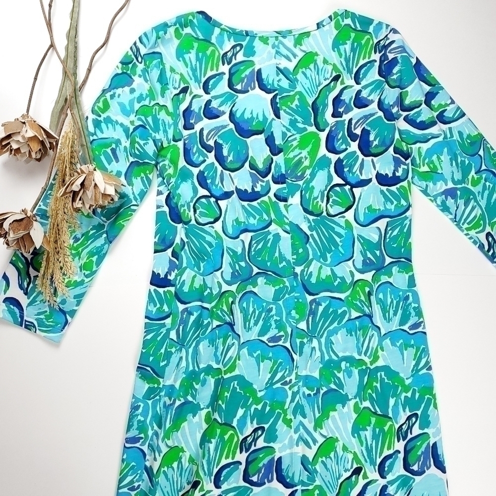 New Lilly Pulitzer 100% Pima Cotton Blue Green White Floral Dress Sz M - Picture 13 of 16
